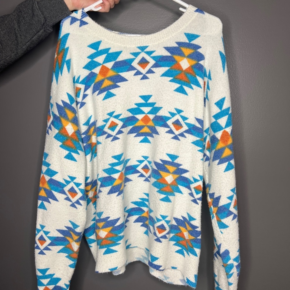Savanna Jane Blue and Orange Crew Neck Sweater with Geometric Patterns